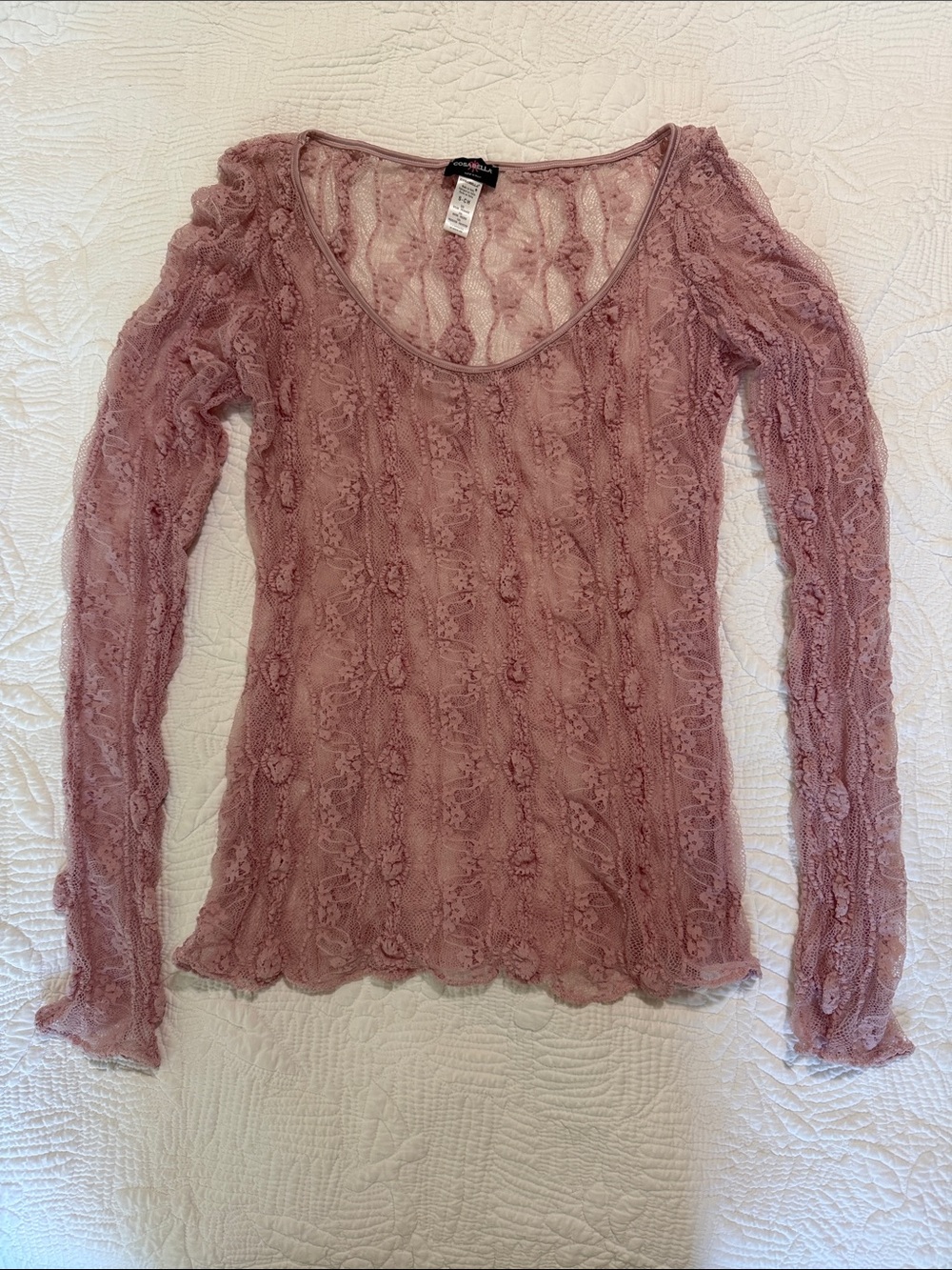 Cosabella Dusty Mauve Sheer Lace Scoop Neck Long Sleeve Top NWT